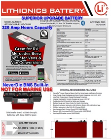 Click here for current pricing on this 320 Amp hour powerful, light weight, high performance lithium-ion battery for RV's, Solar and Trucks